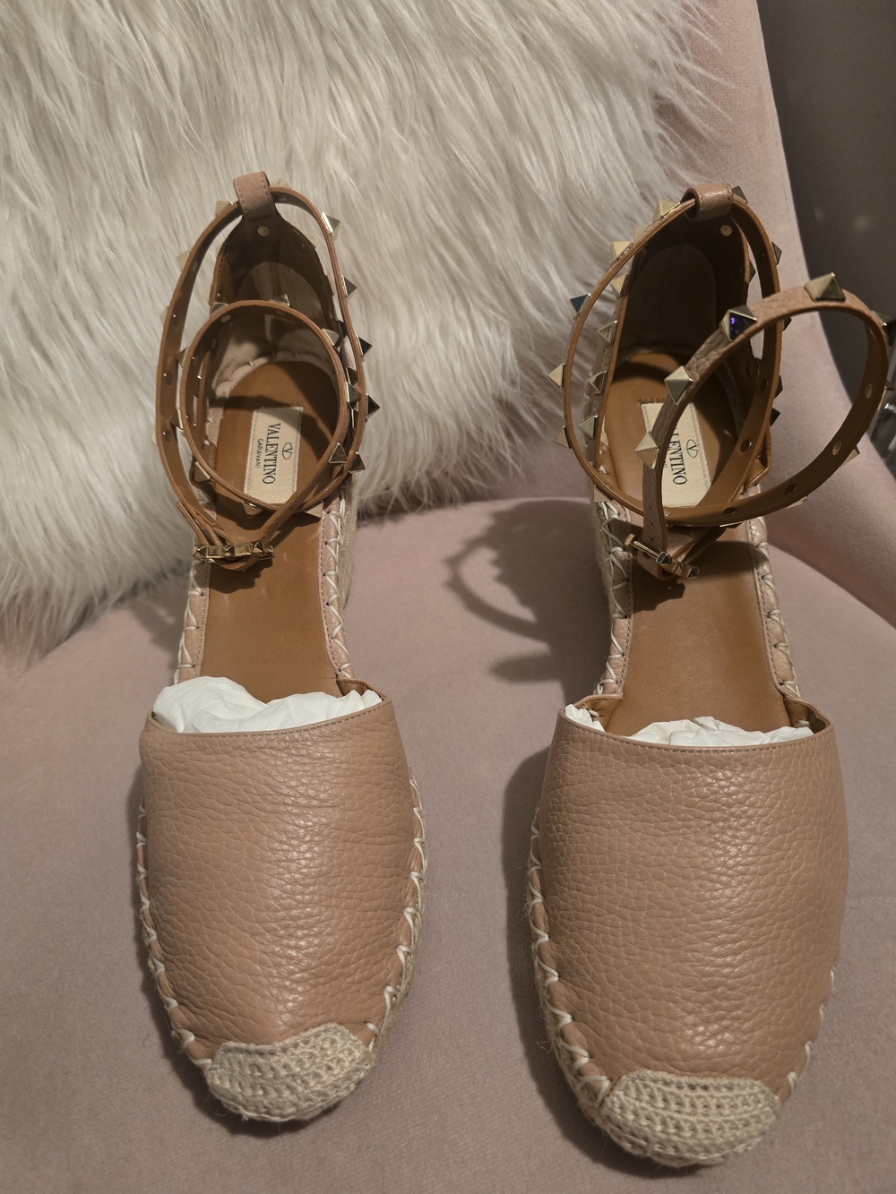 Valentino Rockstud Ankle-Strap Espadrille Flats in Dusty Rose
